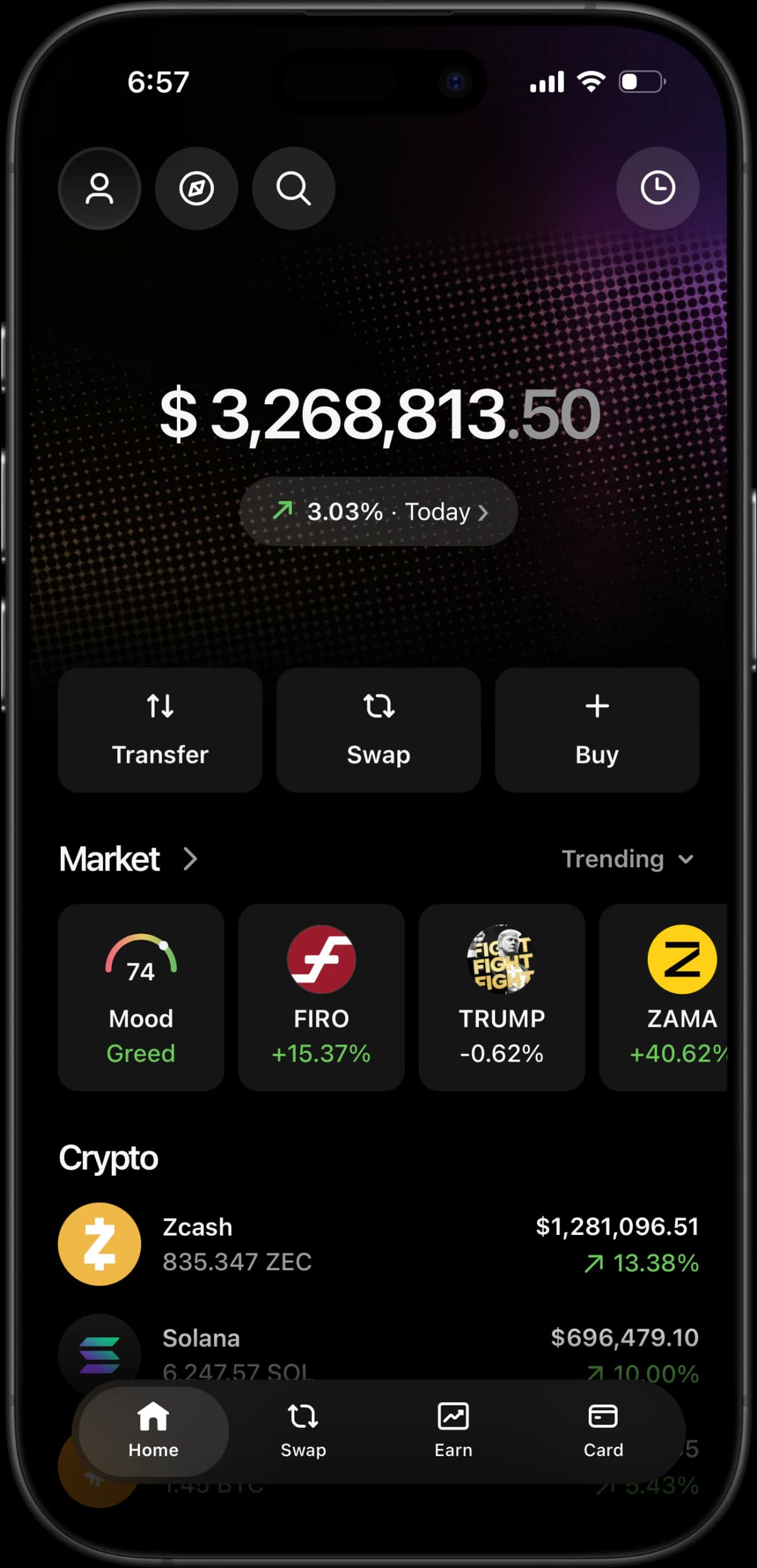 Ledger Live simulator showing a portfolio total, market mood gauge and asset list