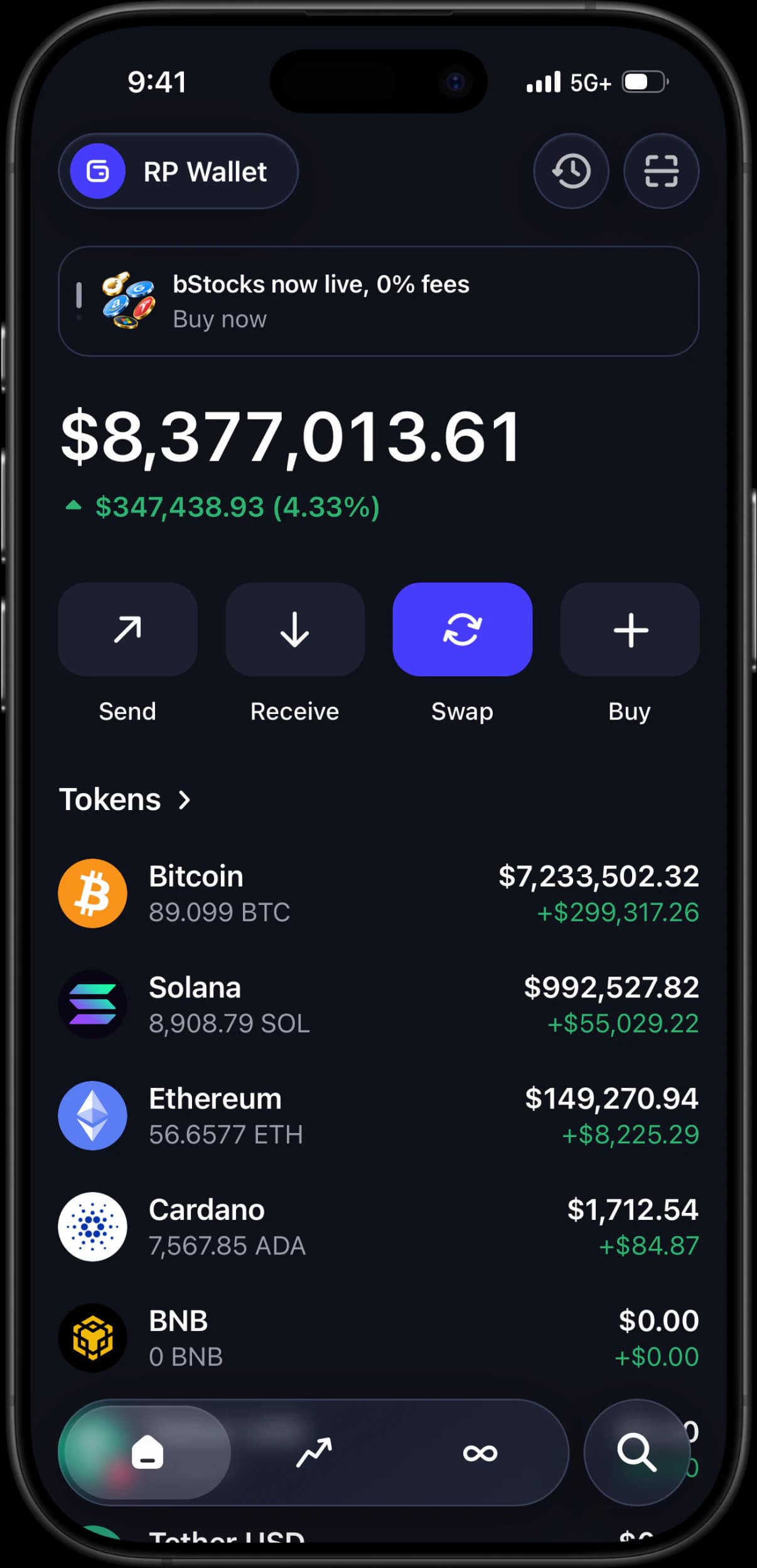 RPWallet app interface on a phone