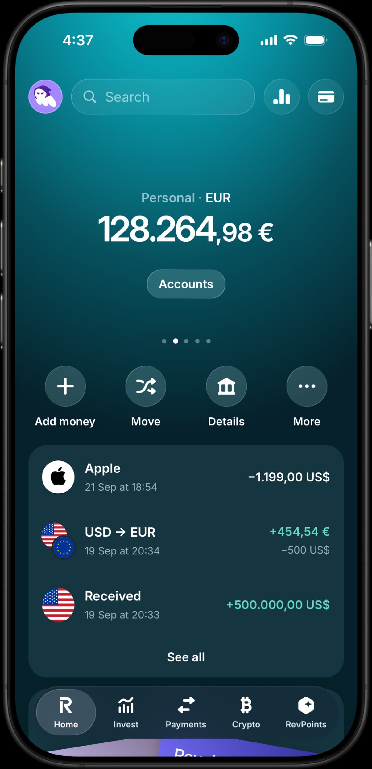Revolut-style simulated crypto portfolio with Bitcoin, Ethereum and Solana holdings